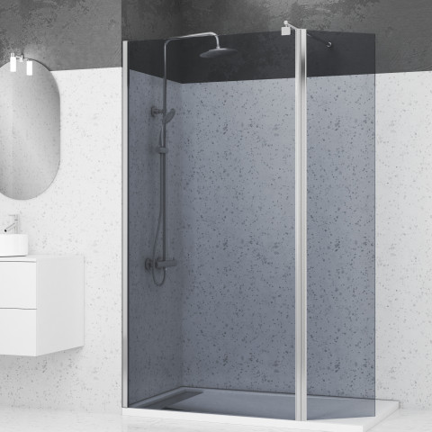 Pack paroi de douche et volet pivotant 100+40x200cm - verre fumé bleu nuit + barre fixation chrome Aurlane - PACF458