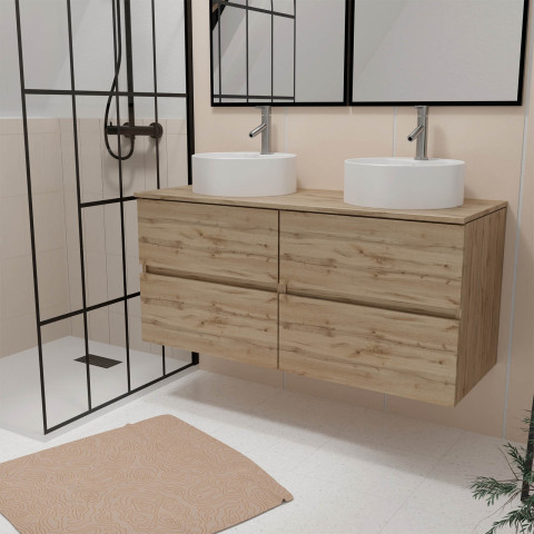 Meuble salle de bains 120cm 4 tiroirs chêne naturel - 2 vasques rondes 41cm en céramique blanche Aurlane - PACM750