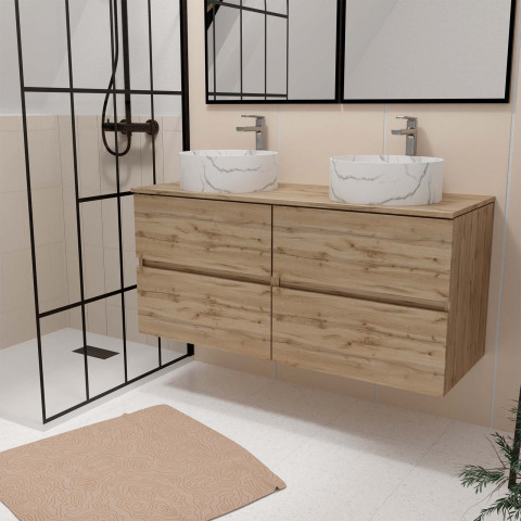 Meuble salle de bains 120cm 4 tiroirs chêne naturel - 2 vasques rondes 36cm blanches effet marbre Aurlane - PACM755
