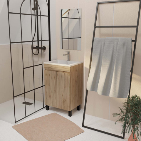 Meuble de salle de bains 50 cm décor chêne naturel à portes - vasque céramique et miroir Aurlane - PACM778