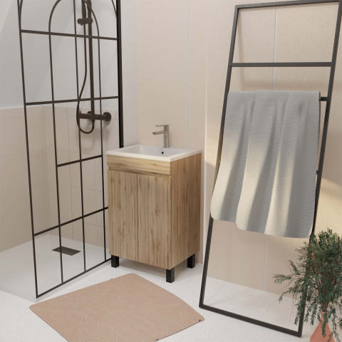 Meuble de salle de bains 50 cm décor chêne naturel à portes avec vasque céramique blanche Aurlane - PACM779
