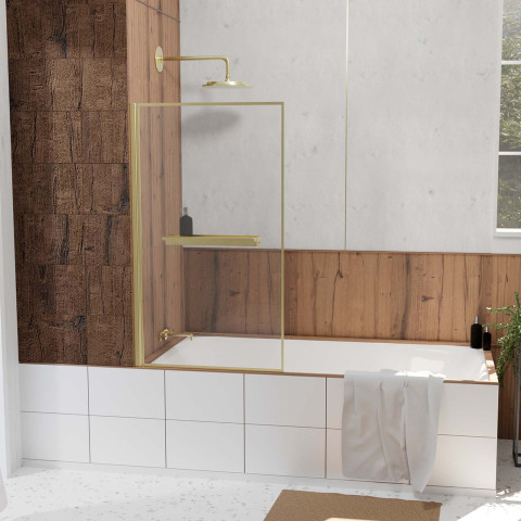 Pare baignoire rabattable 80x140cm en verre trempé - porte-serviette et etagère or doré brossé Aurlane - FAC1014