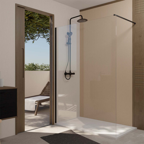 Paroi de douche 140x200cm en verre trempé transparent 8mm anticalcaire - profilé noir mat - lina Aurlane - FAC1033