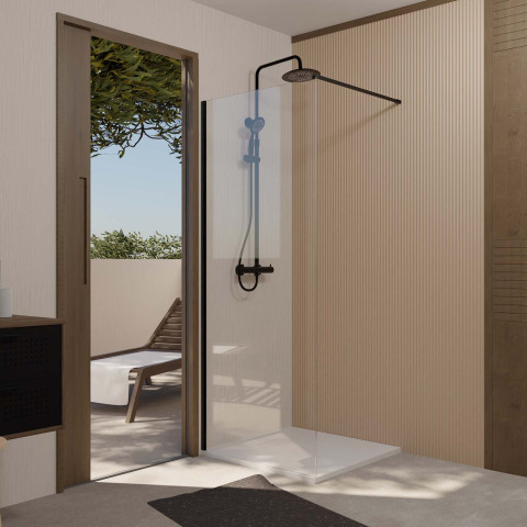Paroi de douche 80x200cm en verre trempé transparent 8mm anticalcaire - profilé noir mat - lina Aurlane - FAC1029