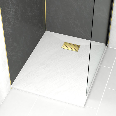 Pack receveur blanc effet pierre 80x100 cm et grille décor perforée or doré brossé - rock 2 Aurlane - PACR205