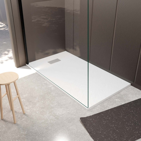 Pack receveur blanc effet pierre 80x140 cm et grille décor perforée en inox - rock 2 Aurlane - PACR232