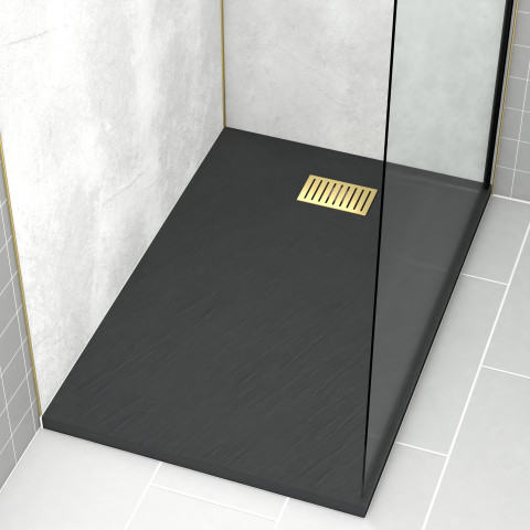 Pack receveur noir effet pierre 80x120 cm et grille décor linéaire or doré brossé - rock 2 Aurlane - PACR201