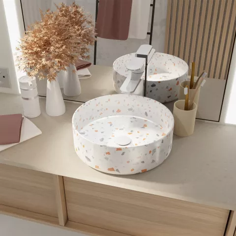 Vasque terrazzo confetti - ø35cm x 12cm - ronde en ceramique blanc brillant Aurlane - VAS063