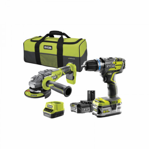 Ryobi - Pack brushless perceuse-visseuse à percussion 18v oneplus r18pdbl -  meuleuse d'angle 125 mm 18v oneplus r18ag7-0 - 2 batteries - chargeur  rapide r18ck2bl-252s - Distriartisan