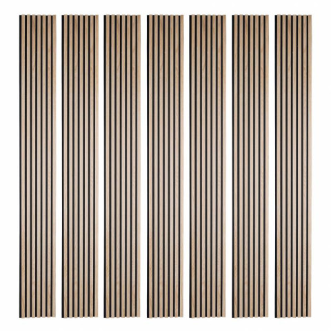 Lot de 7 panneaux tasseaux bois - 250x30x1 cm - pack mur tv bois 210cm -  lamelles chêne clair fond noir - 5,25m²