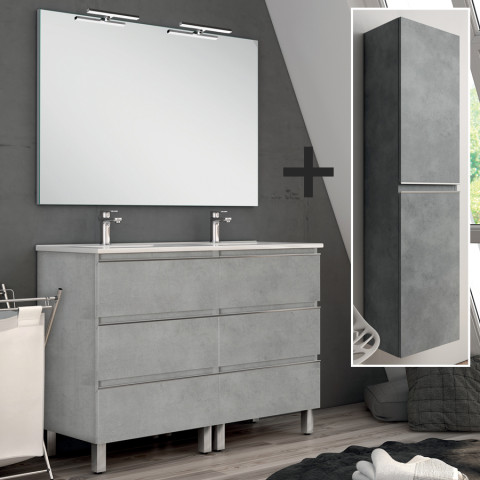 Ensemble meuble de salle de bain 140cm double vasque + colonne de rangement palma - ciment (gris)