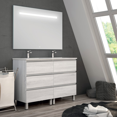 Meuble de salle de bain double vasque - 6 tiroirs - palma et miroir led stam - hibernian (bois blanchi) - 120cm