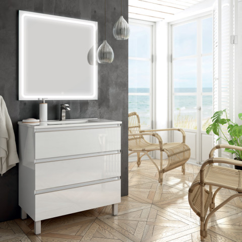 Meuble de salle de bain simple vasque - 3 tiroirs - palma et miroir led veldi - blanc - 60cm