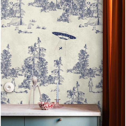 Papier peint Alien toile de Jouy Bleu - ALIEN TOILE BLUE++