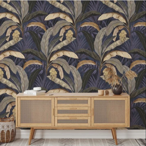 Papier peint Banane jungle tropicale foncé - BANANA VARIANTE BLUE++