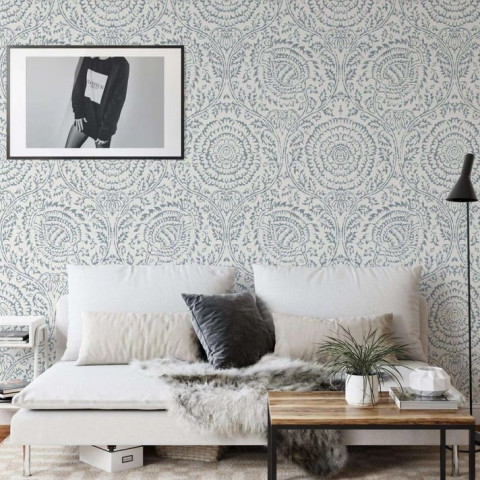 Papier peint floral damassé blanc et bleu Shabby Chic - ANTHROP++