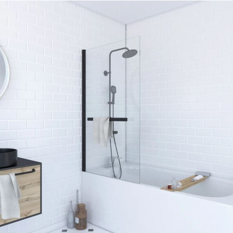 Pare baignoire pivotant 150x85cm profile aluminium noir mat avec verre transparent et porte serviette - TSHAPE Aurlane - FAC273