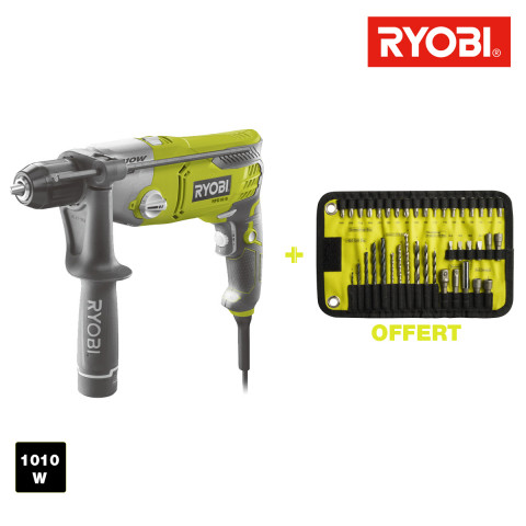 Perceuse à percussion ryobi 1010w - coffret 40 accessoires perçage vissage rpd1010ka40