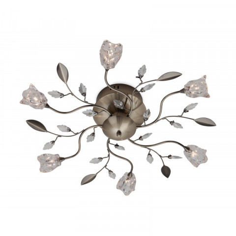 Plafonnier 6 ampoules cindy, laiton antique et verre