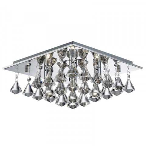 Plafonnier carré 4 ampoules hanna, en chrome et pyramide cristal