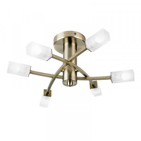 Plafonnier havana, laiton antique et verre, 6 ampoules