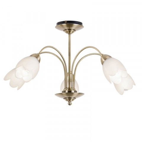 Plafonnier petal, laiton antique et verre, 5 ampoules