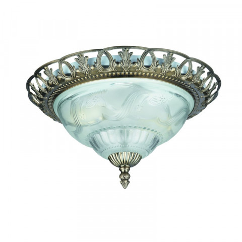 Plafonnier rond 33 cm, en laiton antique et verre