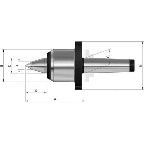 Pointe tournante à pointe allongée et écrou d'extraction, Taille : 02, MK 4, A 122 mm, B : 70 mm, D : 32 mm, G : 31,267 mm, J : 16 mm, K : 44 mm
