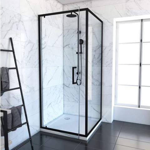 Porte de douche Pivotante et retour profilés noir + receveur à poser - 80x80x204cm - CRUSH PIVOTANTE Aurlane - FAC398