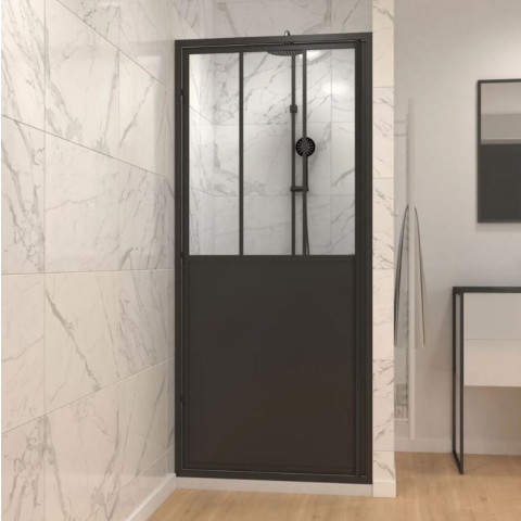 Porte de douche pivotante type atelier 90x200cm - Profilé noir mat - Verre 5mm Aurlane - FAC351
