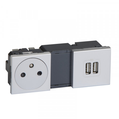 Prise de courant 2p+t surface + chargeur 2 usb type a 2,4a 12w mosaic 2x2 modules 230v ou 5v alu (079395)