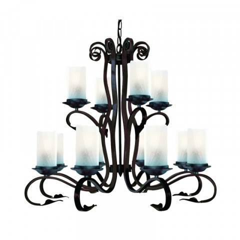 Suspension 12 ampoules scroll, en fer forgé noir et verre craquelé