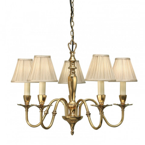 Suspension asquith laiton, 5 abat-jours beiges imitation soie
