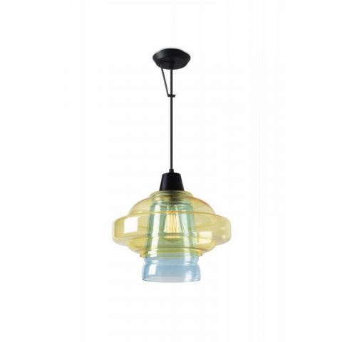Suspension color, acier et verre, bleu et jaune