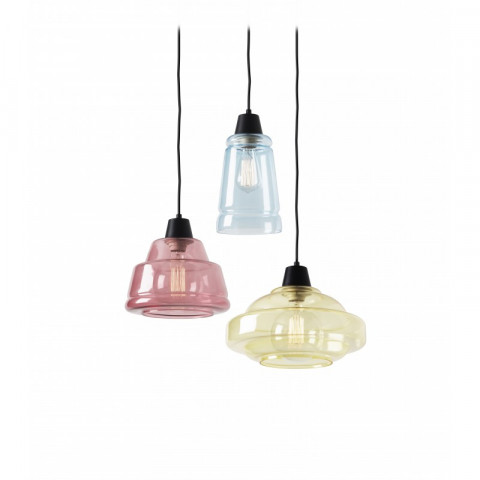 Suspension color, acier et verre, bleu, magenta et jaune