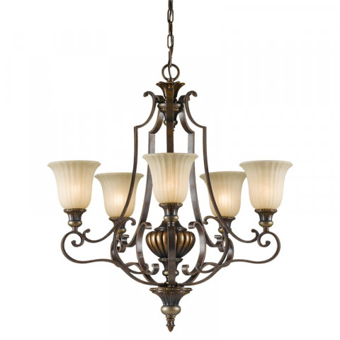 Suspension kelham, haut, bronze doré et verre scavo, 5 ampoules