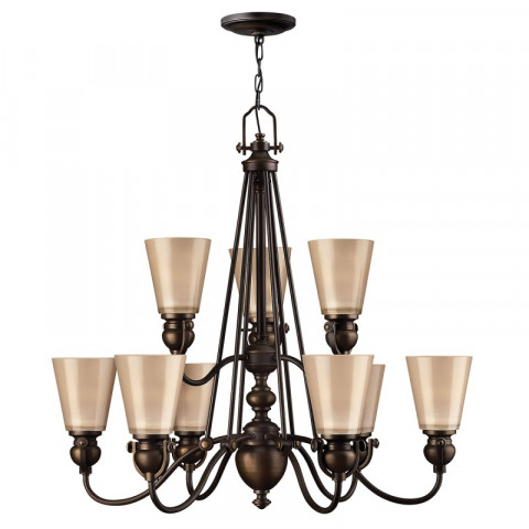 Suspension mayflower, bronze vieilli et verre, 9 ampoules