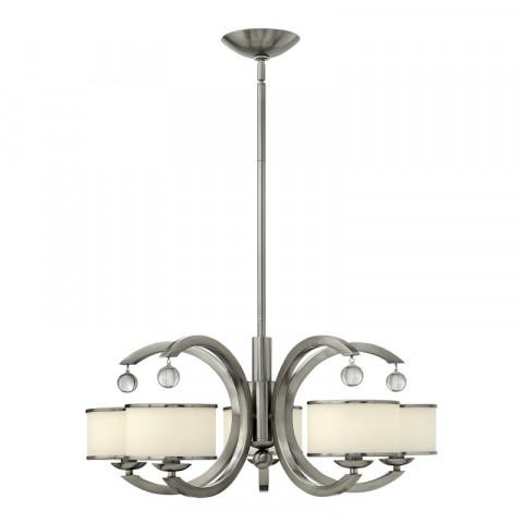 Suspension monaco, nickel brossé, verre opale et cristal, 5 ampoules