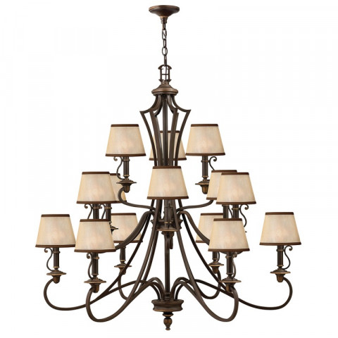 Suspension plymouth, bronze vieilli, 12 ampoules, avec abat-jour