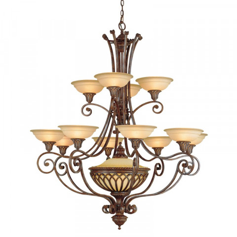 Suspension stirling castle, bronze et verre, 13 ampoules