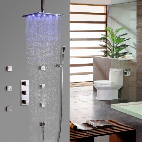 Système de douche thermostatique nickel brossé support mural avec led 200 mm