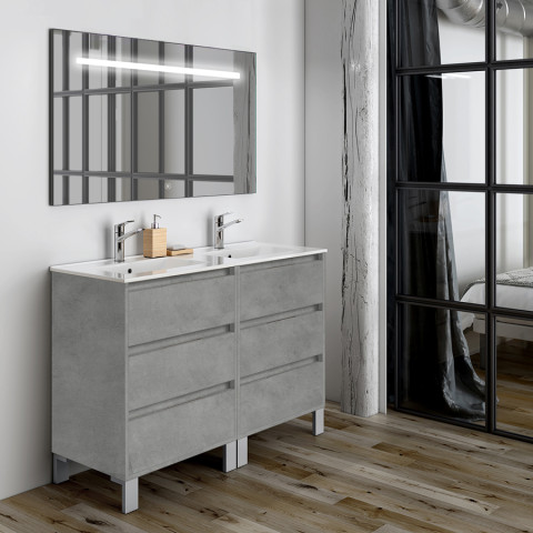 Meuble de salle de bain double vasque - 6 tiroirs - tiris 3c et miroir led stam - ciment (gris) - 120cm