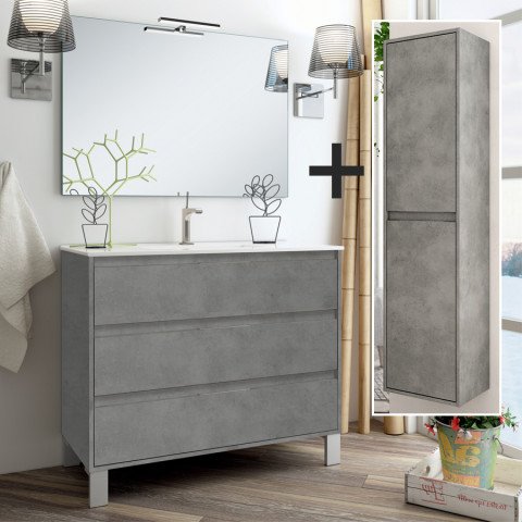 Ensemble meuble de salle de bain 100cm simple vasque + colonne de rangement tiris - ciment (gris)