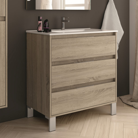 Meuble de salle de bain 100cm simple vasque - 3 tiroirs - sans miroir - tiris 3c - cambrian (chêne)