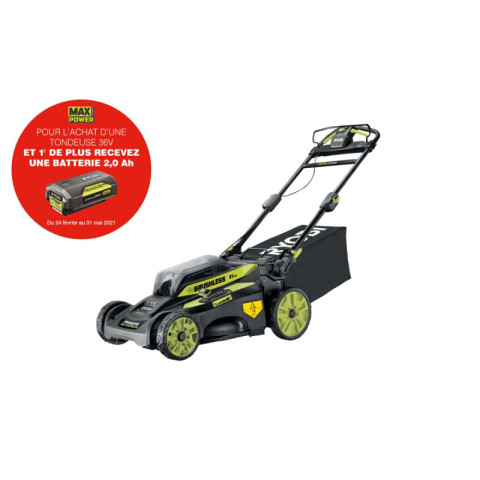 Tondeuse tractée ryobi 36v brushless coupe 51 cm - 1 batterie lithiumplus 6,0ah - 1 chargeur rapide 1,7a - ry36lmx51a-160