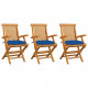 Chaises de jardin avec coussins 3 pcs bois de teck - Couleur des coussins au choix Bleu