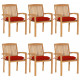 Chaises de jardin empilables avec coussins 6 pcs teck solide - Couleur des coussins au choix Rouge