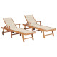 Lot de 2 transats chaise longue bain de soleil lit de jardin terrasse meuble d'extérieur avec coussin teck solide - Couleur au choix Crème