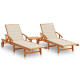 Lot de 2 transats chaise longue bain de soleil lit de jardin terrasse d'extérieur avec table et coussins acacia solide - Couleur au choix Crème