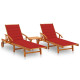 Lot de 2 transats chaise longue bain de soleil de jardin d'extérieur avec table et coussins acacia solide - Couleur au choix Rouge